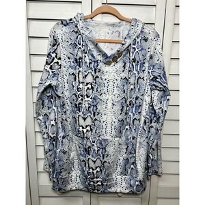 Animal Print Snakeskin V-Neck Button Detail Pullover Hoodie Women's Size Large